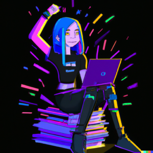AI image by DALL·E: cyberpunk illustration of a successful ecstatic student with laptop and books