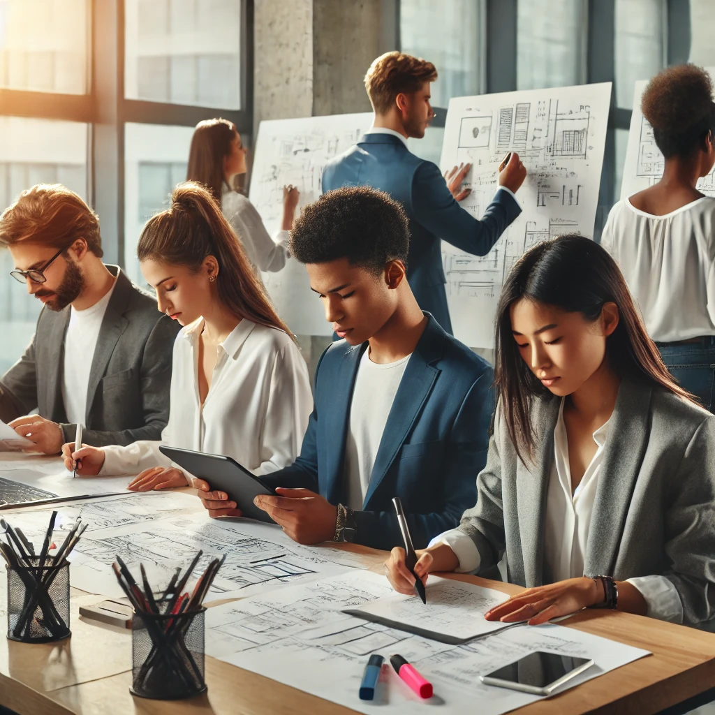 A diverse group of professionals drafting and marking a patent legal exam.